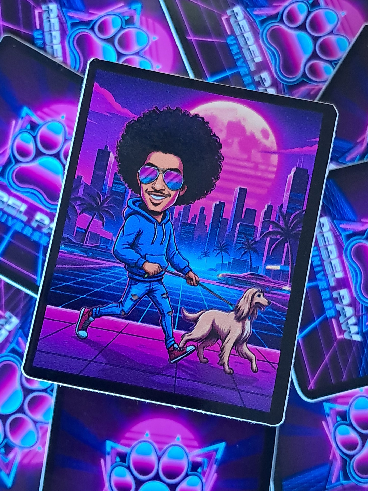 Man walking a dog with a retro-futuristic cityscape and moon in the background. Rebel Paw Universe. Sticker