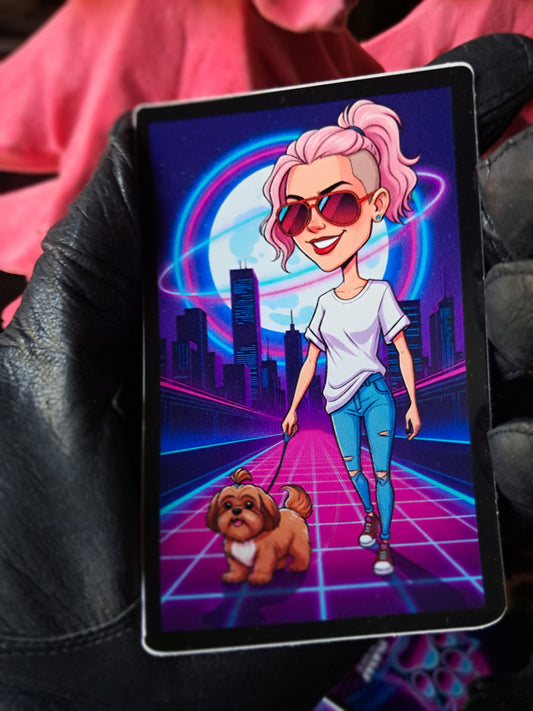 Woman with pink hair and sunglasses walking a dog in a futuristic cityscape. Rebel Paw Universe. Sticker.