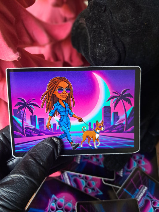 Woman walking a dog in a futuristic cityscape with a pink moon and palm trees. Rebel Paw Universe. Sticker
