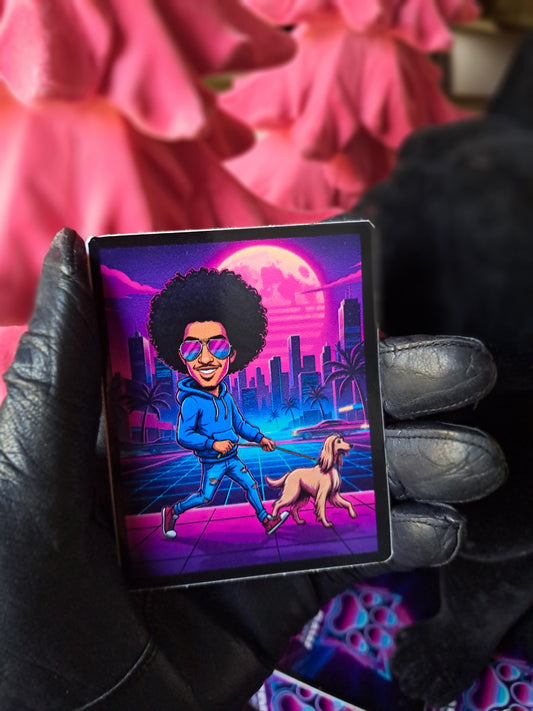 Man walking a dog with a retro-futuristic cityscape and moon in the background. Rebel Paw Universe. Sticker
