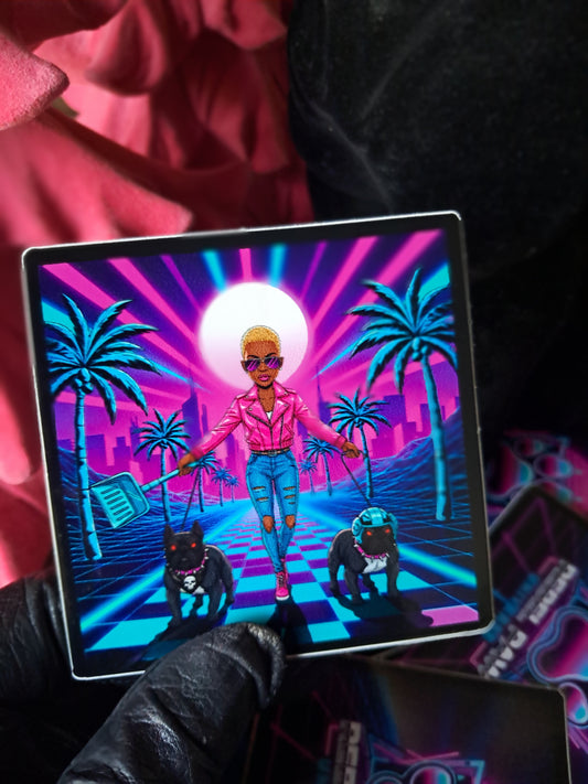 Woman in a pink jacket walking two dogs with a futuristic cityscape and palm trees in the background. Rebel Paw Universe. Sticker