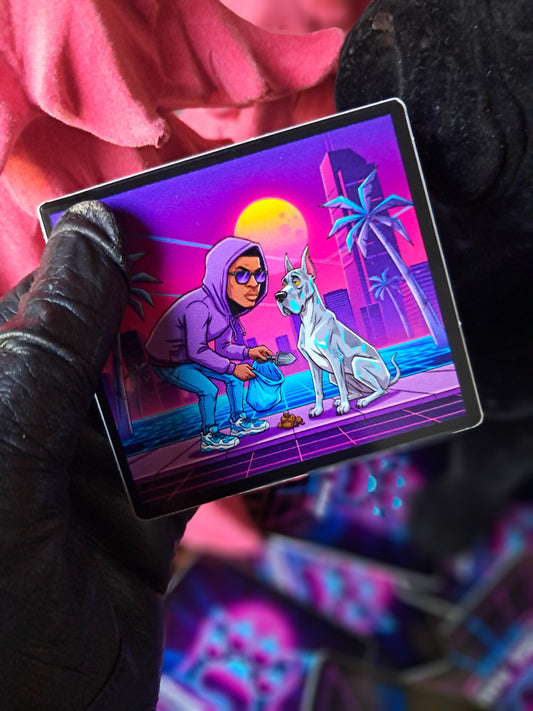 Man in a purple hoodie with a dog in a futuristic cityscape. Rebel Paw Universe. Sticker