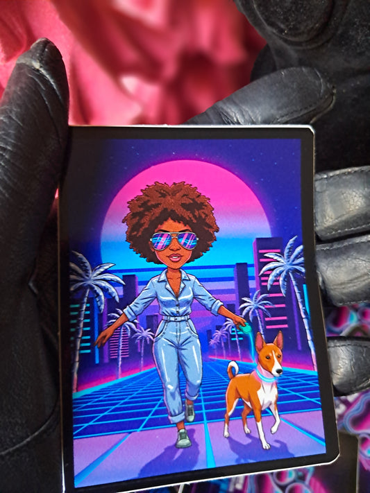 Woman in a jean jumpsuit and sunglasses walking a dog with a retro cityscape in the background. Rebel Paw Universe. Sticker