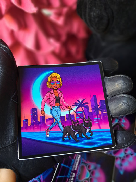 Woman in a pink jacket walking two dogs with a futuristic cityscape and moon in the background. Rebel Paw Universe. Sticker