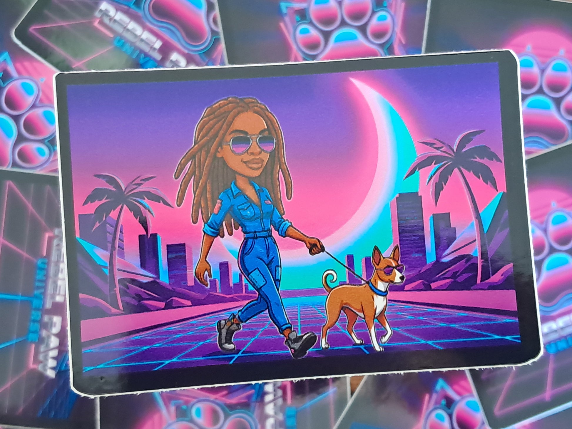 Woman walking a dog in a futuristic cityscape with a pink moon and palm trees. Rebel Paw Universe. Sticker