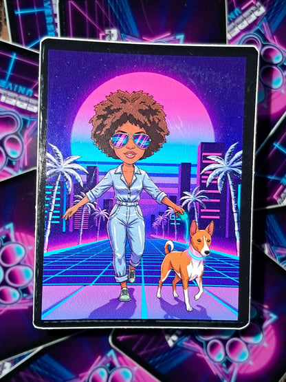 Woman in a jean jumpsuit and sunglasses walking a dog with a retro cityscape in the background. Rebel Paw Universe. Sticker