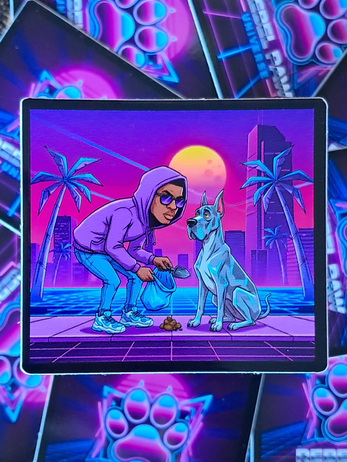 Man in a purple hoodie with a dog in a futuristic cityscape. Rebel Paw Universe. Sticker