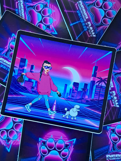 Woman in a pink hoodie walking a poodle in a futuristic cityscape with a moon and palm trees. Rebel Paw Universe. Sticker