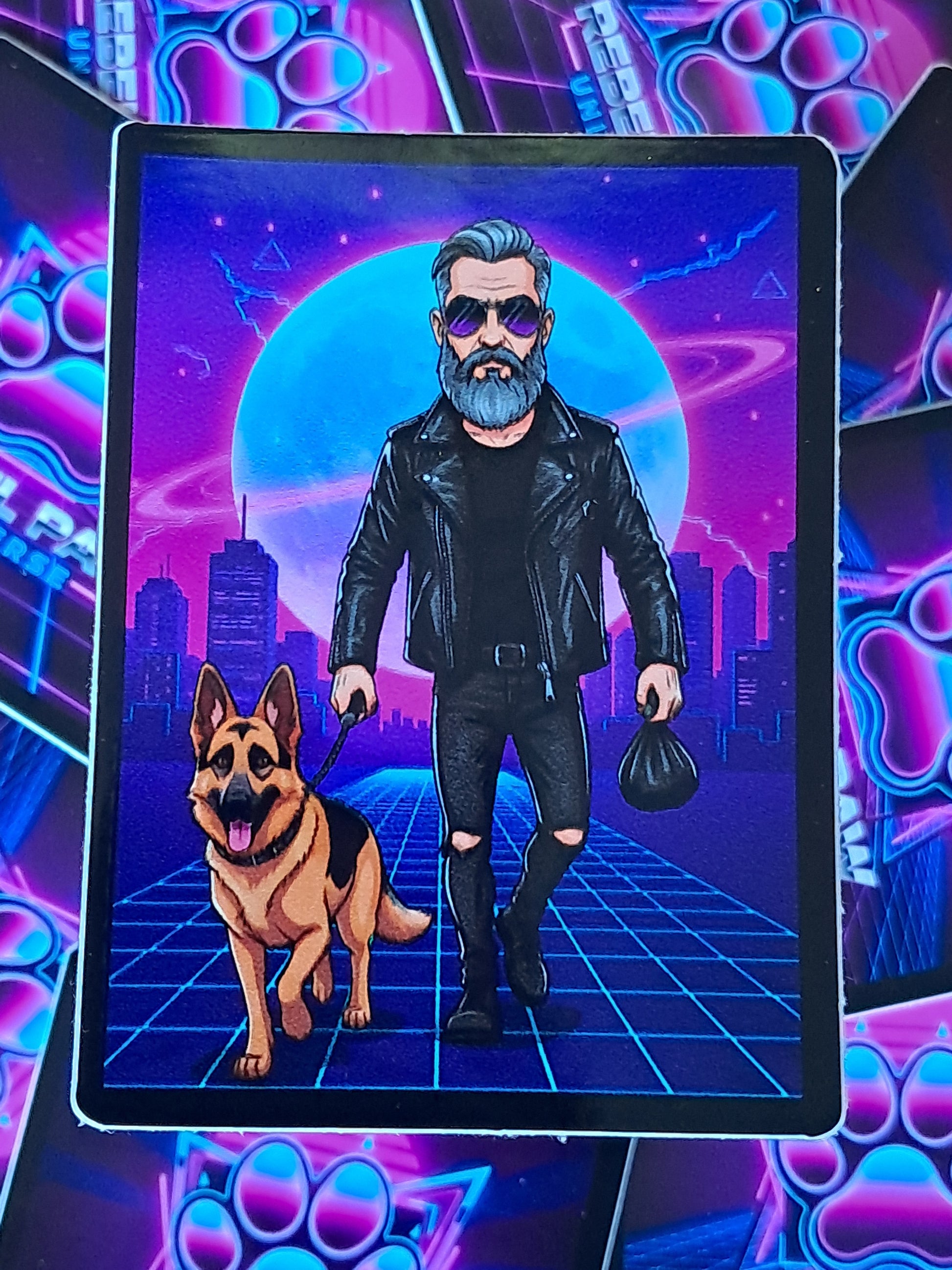 Man in a leather jacket with a dog on a leash against a futuristic cityscape background. Rebel Paw Universe. Sticker. 