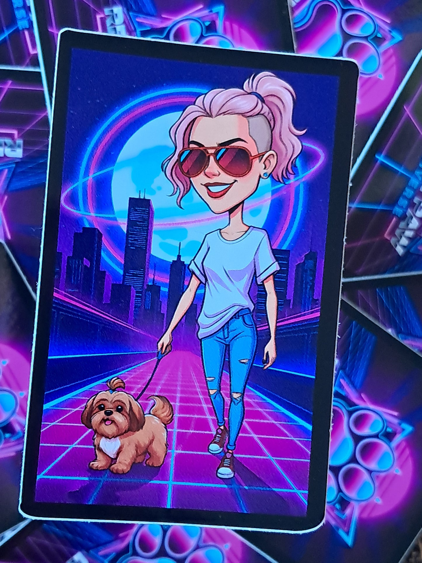 Woman with pink hair and sunglasses walking a dog in a futuristic cityscape. Rebel Paw Universe. Sticker.