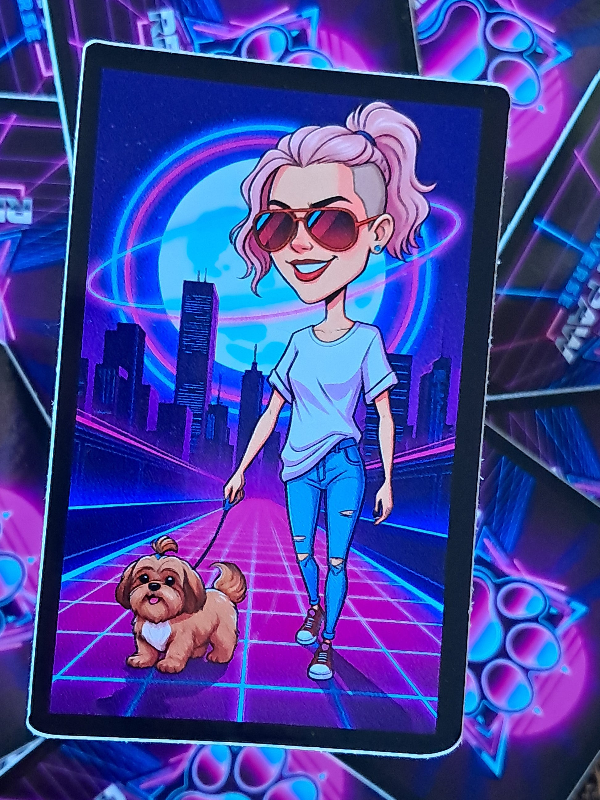 Woman with pink hair and sunglasses walking a dog in a futuristic cityscape. Rebel Paw Universe. Sticker.