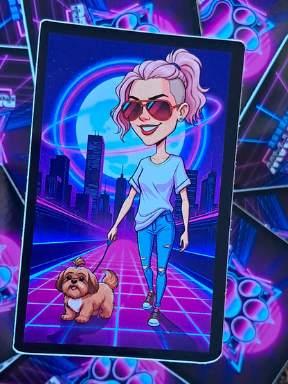 Woman with pink hair and sunglasses walking a dog in a futuristic cityscape. Rebel Paw Universe. Sticker.