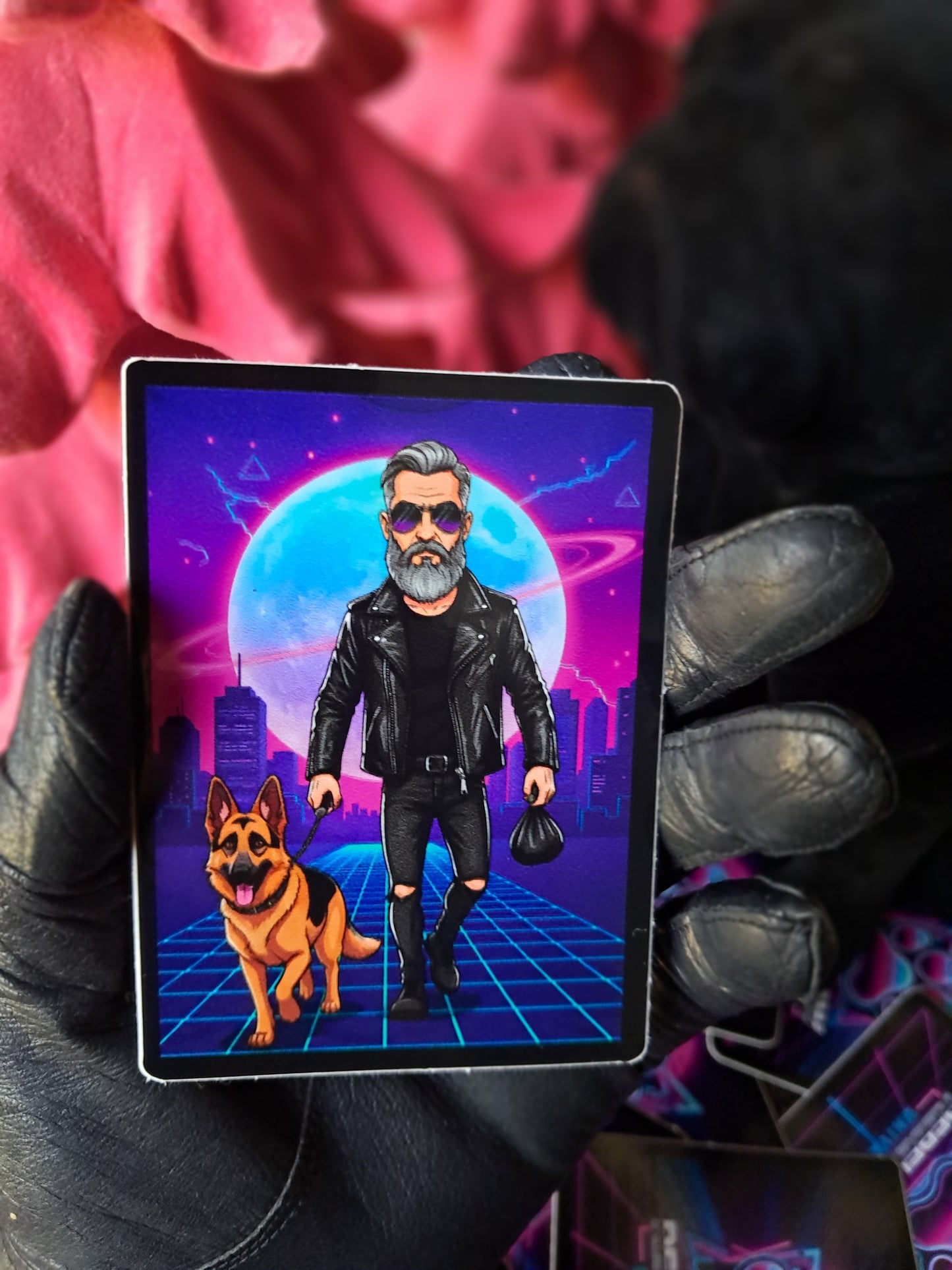 Man in a leather jacket with a dog on a leash against a futuristic cityscape background. Rebel Paw Universe. Sticker. 