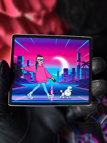 Woman in a pink hoodie walking a poodle in a futuristic cityscape with a moon and palm trees. Rebel Paw Universe. Sticker