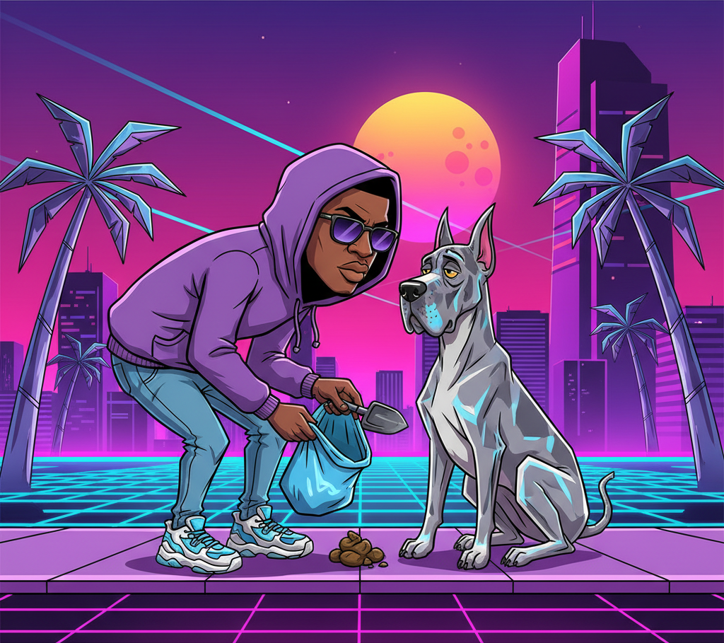 Man in a purple hoodie with a dog in a futuristic cityscape. Rebel Paw Universe