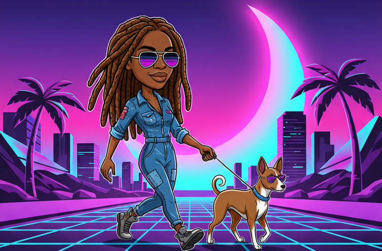 Woman walking a dog in a futuristic cityscape with a pink moon and palm trees. Rebel Paw Universe