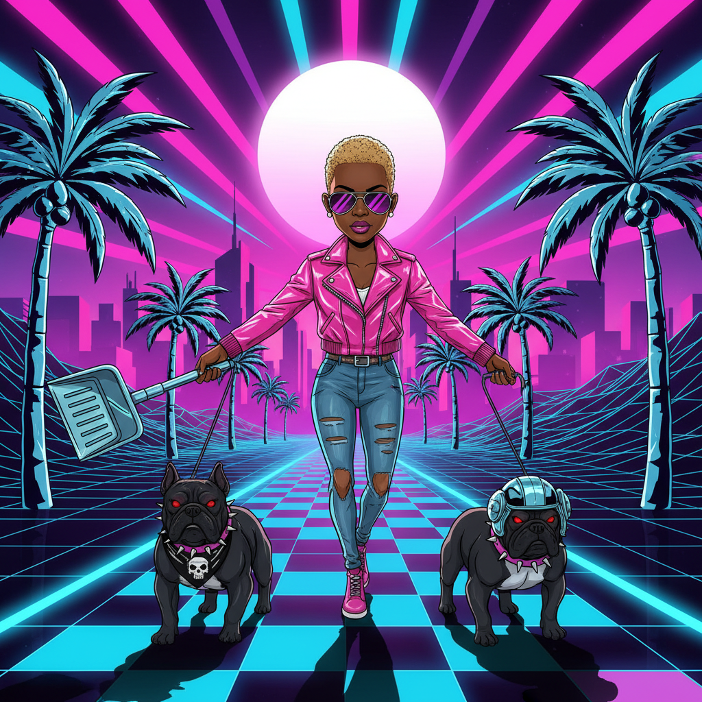 Woman in a pink jacket walking two dogs with a futuristic cityscape and palm trees in the background. Rebel Paw Universe