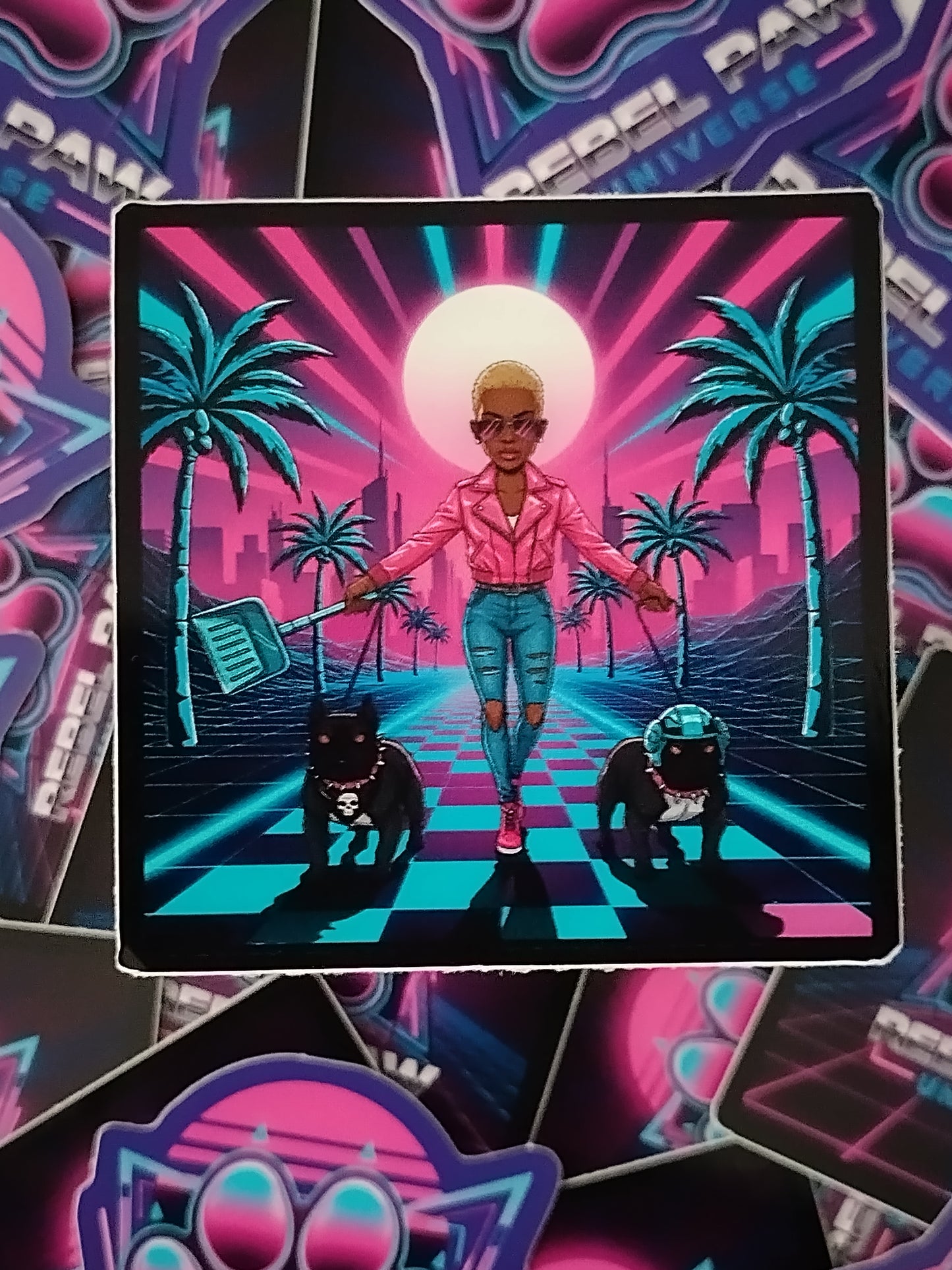Woman in a pink jacket walking two dogs with a futuristic cityscape and palm trees in the background. Rebel Paw Universe. Sticker