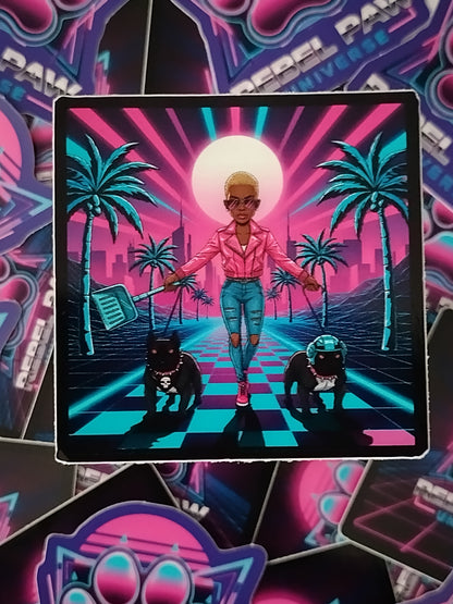 Woman in a pink jacket walking two dogs with a futuristic cityscape and palm trees in the background. Rebel Paw Universe. Sticker