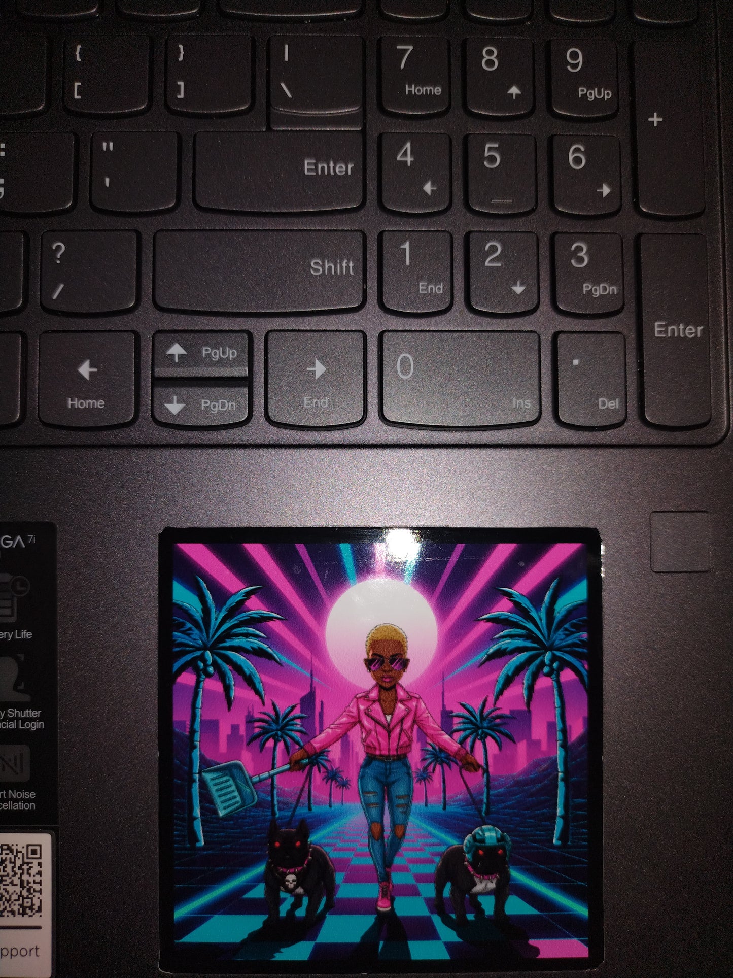 Woman in a pink jacket walking two dogs with a futuristic cityscape and palm trees in the background. Rebel Paw Universe. Sticker