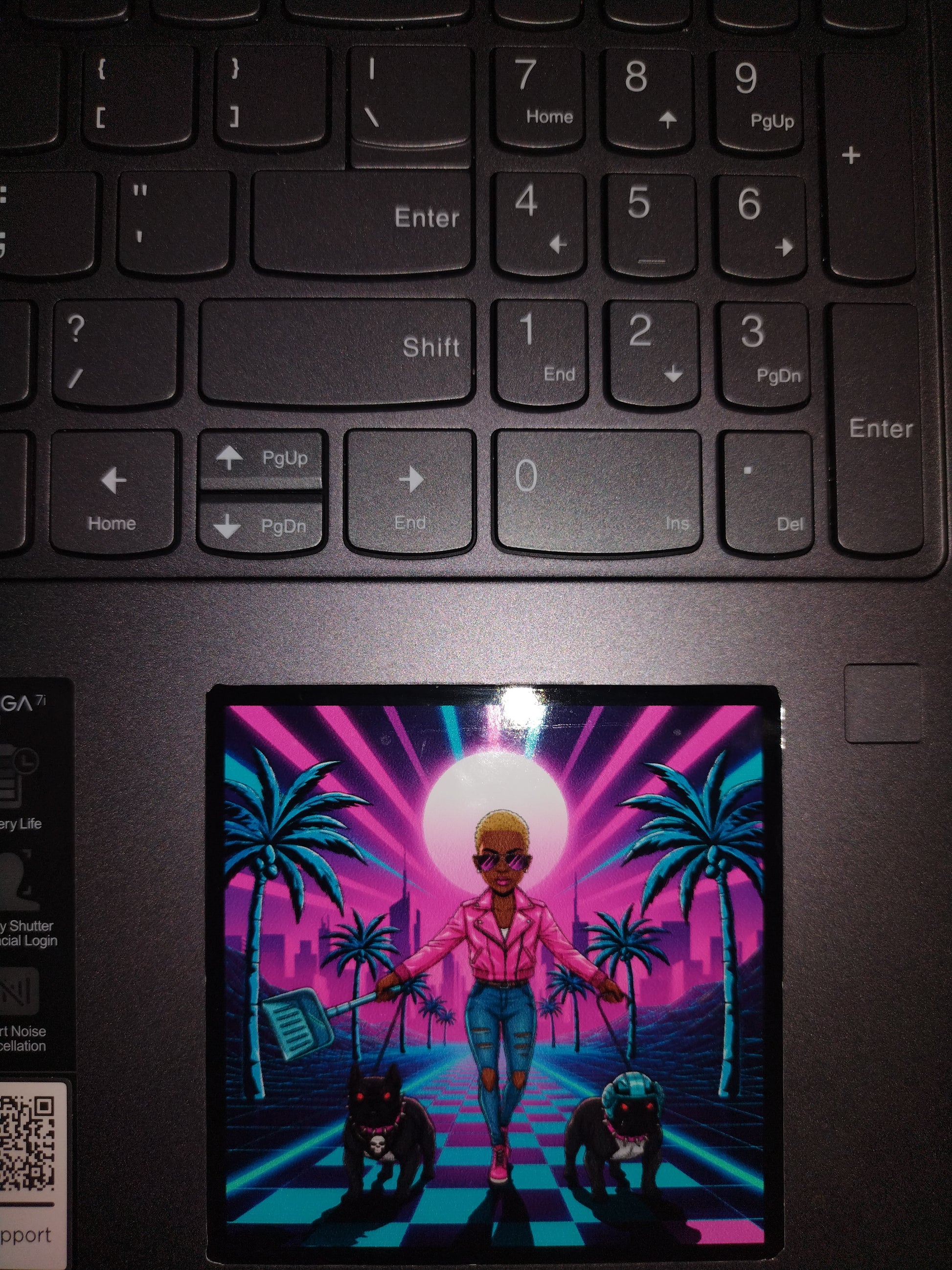 Woman in a pink jacket walking two dogs with a futuristic cityscape and palm trees in the background. Rebel Paw Universe. Sticker