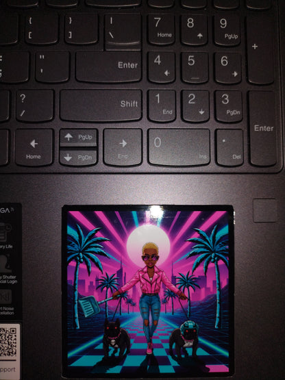 Woman in a pink jacket walking two dogs with a futuristic cityscape and palm trees in the background. Rebel Paw Universe. Sticker