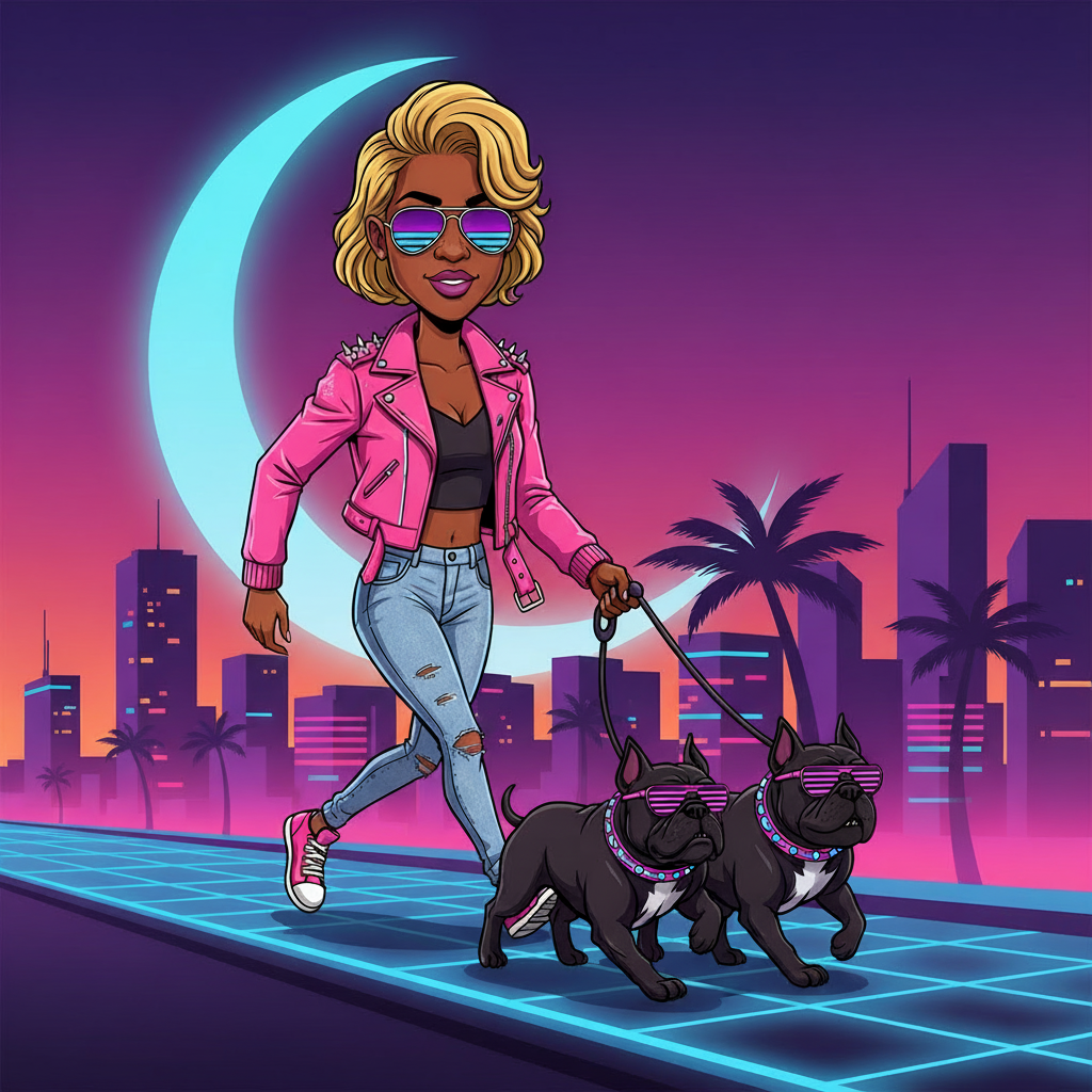 Woman in a pink jacket walking two dogs with a futuristic cityscape and moon in the background. Rebel Paw Universe