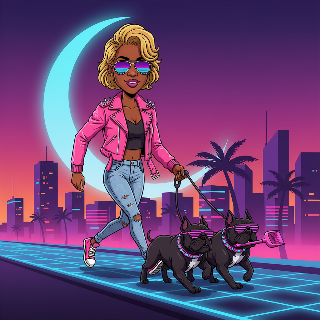 Woman in a pink jacket walking two dogs with sunglasses on a city street at night.