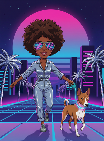 Woman in a jean jumpsuit and sunglasses walking a dog with a retro cityscape in the background. Rebel Paw Universe