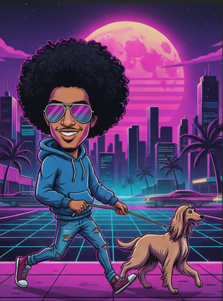 Man walking a dog with a retro-futuristic cityscape and moon in the background. Rebel Paw Universe
