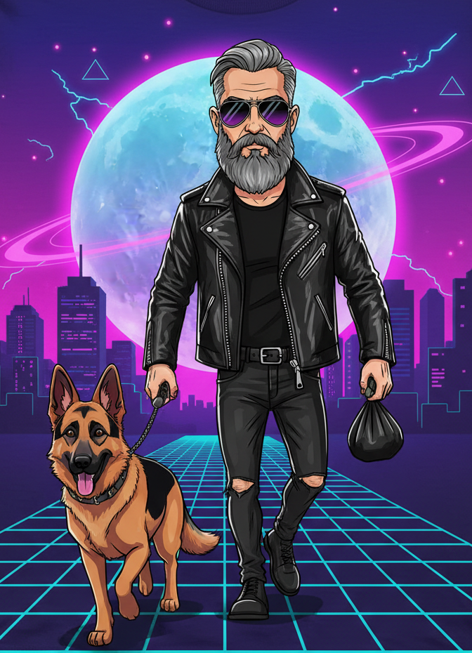 Man in a leather jacket with a dog on a leash against a futuristic cityscape background. Rebel Paw Universe. Sticker. 