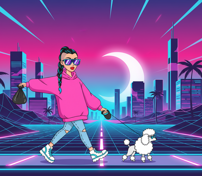 Woman in a pink hoodie walking a poodle in a futuristic cityscape with a moon and palm trees. Rebel Paw Universe
