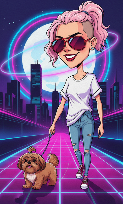 Woman with pink hair and sunglasses walking a dog in a futuristic cityscape. Rebel Paw Universe